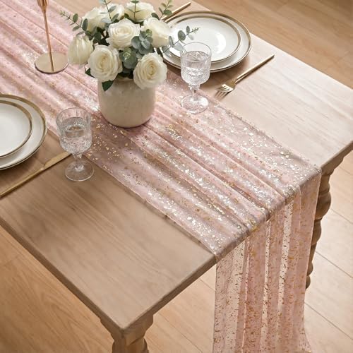 Artoid Mode Gold Gauze Pink Table Runner 120 Inch 10FT, Glitter Metallic Foil Sheer Dining Wedding Anniversary Holiday Birthday Table Decor for Home Party - Image 4