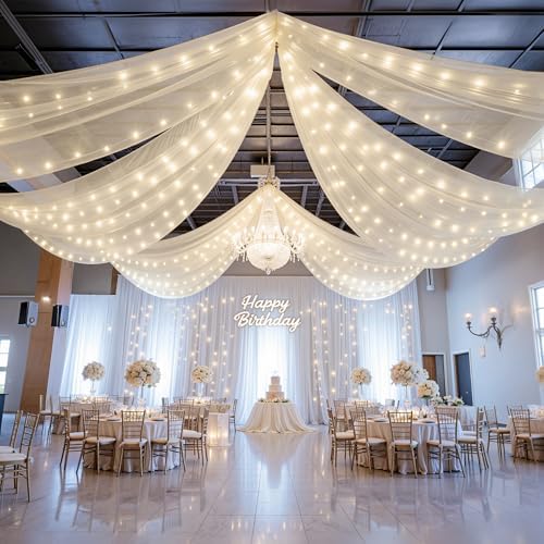 12 Panels Beige Ceiling Curtains with Lights for Weddings - 5ftx10ft Wrinkle-Free Tulle Fabric Wedding Arch Draping Ceiling Drapes Decorations for Wedding Party Ceremony Stage Tent Event - Image 2