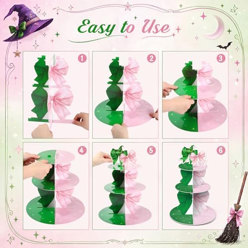 3 Tier Pink and Green Witch Cupcake Stand Witch Party Decoration Elegant Witches Cupcake Tower Pink and Green Cake Holder Table Display for Birthday Party Supplies - Image 4