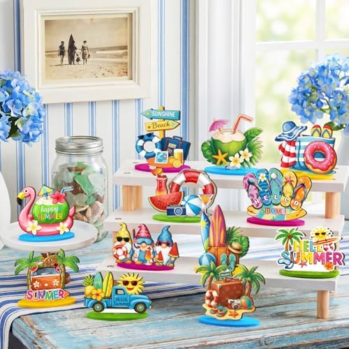 Wesiti 12 Pcs Summer Table Decor Wooden Summer Beach Table Centerpieces Beach Pool Balls Palm Tree Flamingo Tabletop Topper Tropical Hawaii Tiered Tray Decor for Kitchen Holiday Pool Party Supplies - Image 4