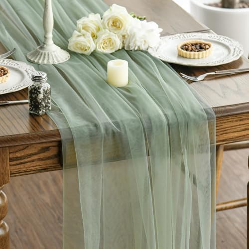 Artoid Mode 3PCS Sage Green Gauze Table Runner 120 Inch 10FT, Seasonal Sheer Kitchen Dining Holiday Wedding Birthday Baby Shower Table Decor for Home Party by ArtoidMode