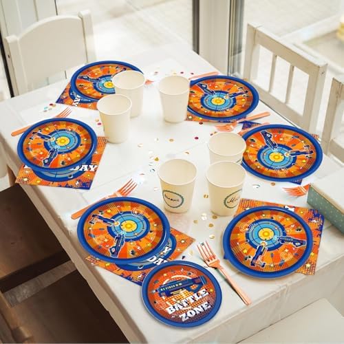 Qyeahkj 200 Pcs Dart War Birthday Party Supplies Gun Game Theme Party Tableware Set Paper Plates and Napkins Dart Battle Gunfight Game Party Decorations Gun Happy Party Favors for Boys Serves 50 - Image 6