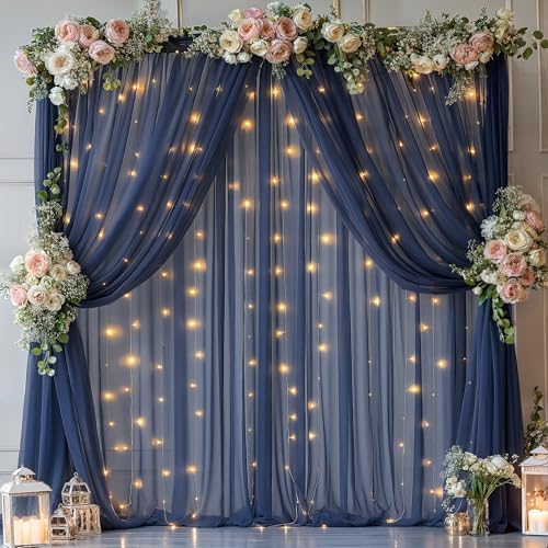 20x10ft Navy Blue Tulle Backdrop Curtain with Lights String for Parites, Sheer Backdrop Curtains for Wedding Baby Shower Birthday Party Photo Shoot Decorations by Partisky