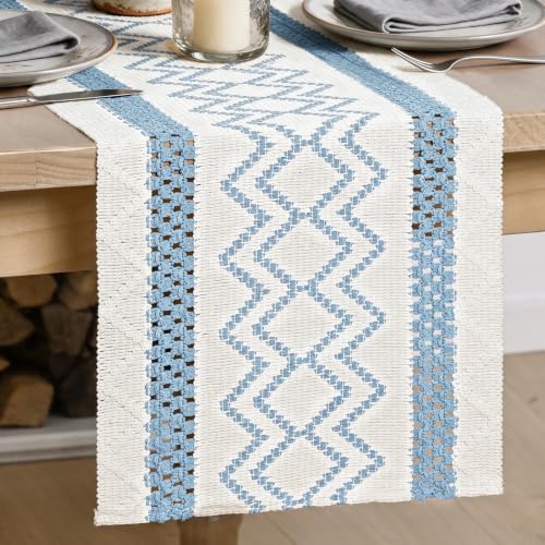 Artoid Mode Sky Blue Stripe Diamond Woven Table Runner 12x72 Inch by ArtoidMode