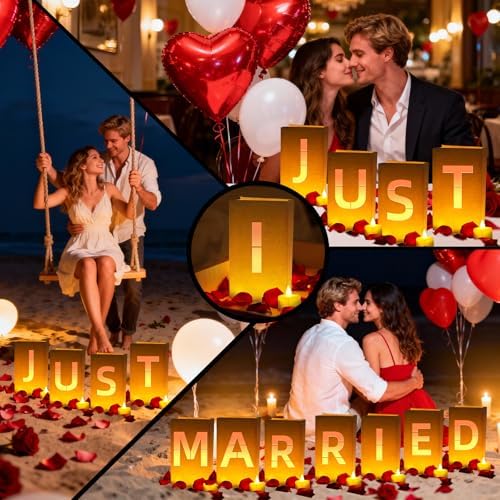 Just Married Light Up Letters, Include Light up Letters, with Tea Lights Candles, Latex Balloons, Aluminum Balloons and Rose Petals, Luminary Paper Bags for Just Married Banner and Decorations - Image 4