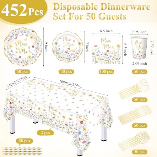 Funnymoom 452 Pcs Wildflower Bridal Shower Party Decorations for 50, Miss to Mrs Bridal Shower Paper Plates Napkins Cups Tablecloth Cutlery Straws for Love in Bloom Wedding Bachelorette Party Supplies - Image 3