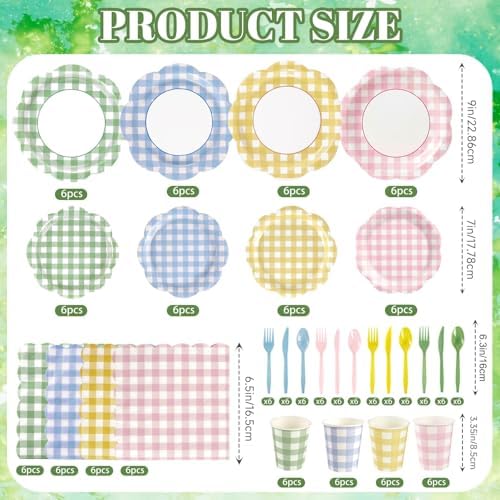 168Pcs Gingham Paper Plates and Napkins Set in 4 Colors for 24 Guests - Image 3