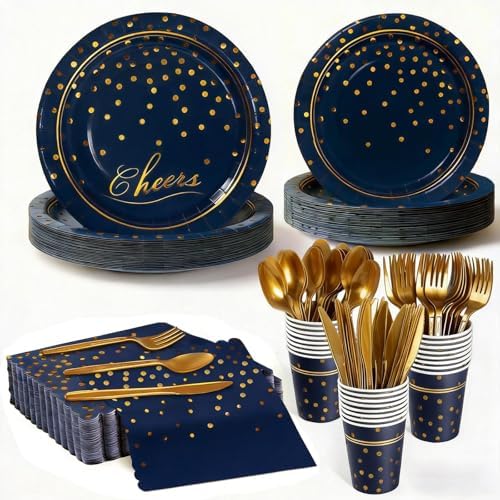 168Pcs Blue and Gold Paper Plates and Napkins Party Supplies for 24 Guest by OuMuaMua