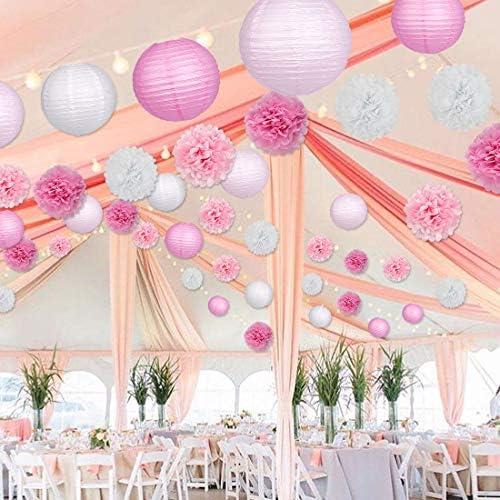 Paper Lanterns and Paper Pom Poms Pink Party Decorations 15pcs - Image 6