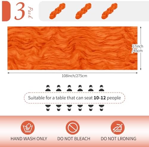 3 Pack Orange Cheesecloth Table Runner 17x108 Inch Semi Sheer Boho Gauze Cheese Cloth Fabric Table Runners Table Decor for Wedding Party Baby Shower Birthday Home Decor Garden Farmhouse - Image 2