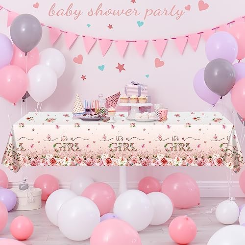1 Pack Floral Baby Shower Tablecloth Decorations, It's a Girl Baby Shower Decorations, Pink Flower Gender Reveal Decorations for Girl, Plastic Disposable Baby Girls Table Cloth Party Decorations - Image 5