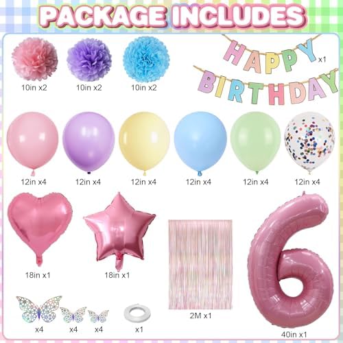 Pastel 6th Birthday Colorful Party Decorations Girls Pink Number 6 Balloon - Image 3
