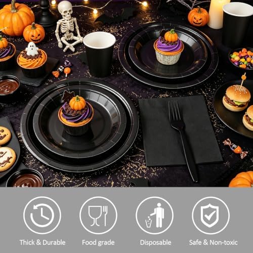 Black Paper Plates and Napkins Party Supplies Include Black Party Plates Napkins Cups Forks Disposable Dinnerware Set for Halloween, Graduations, Retirement, Birthday, Serves 50 - Image 3