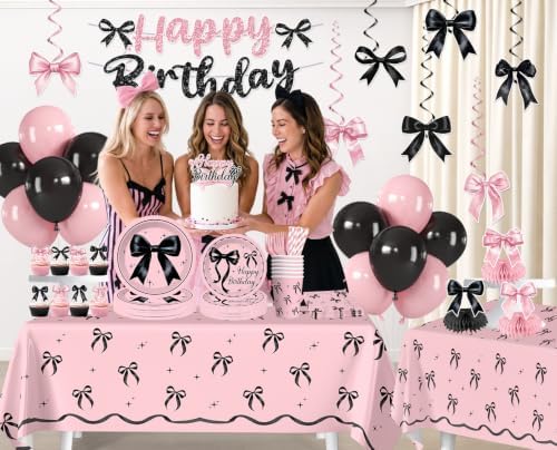 213pcs Pink and Black Bow Birthday Decorations, Serves 25 - Image 3