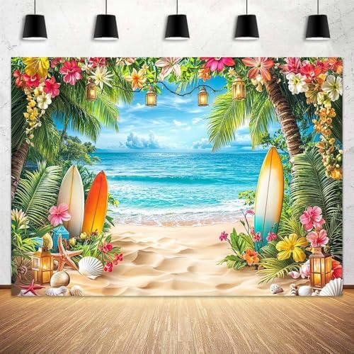 Summer Beach Ocean Backdrop, Tropical Hawaiian Palm Trees Flower Photography Background, Blue Sea Sky Luau Aloha Party Wedding Baby Birthday Bridal Shower Decoration Banner Photo Booth 6X4FT - Image 3