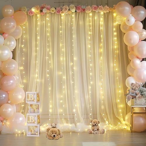 Champagne Backdrop Curtains with Lights String for Wedding Parties 10×10ft Sheer Tulle Backdrop Curtain for Bridal Shower Baby Shower Birthday Party Photo Shoot Decorations 2 Panels 5×10ft - Image 2