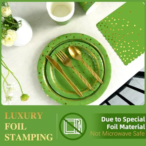 168Pcs Green and Gold Paper Plates and Napkins Party Supplies for 24 Guest - Image 5