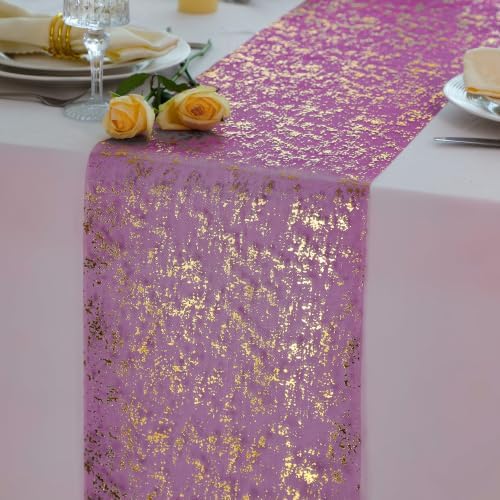 2 Pcs Plum Purple Gold Table Runner, Glitter Metallic Foil Mesh Roll 108" by Snowkingdom