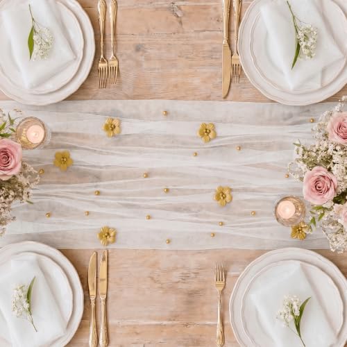 Artoid Mode Yellow Flower Pearl White Gauze Table Runner 10FT 3PC, Seasonal Sheer Dining Holiday Wedding Birthday Baby Shower Table Decor for Home Party - Image 6