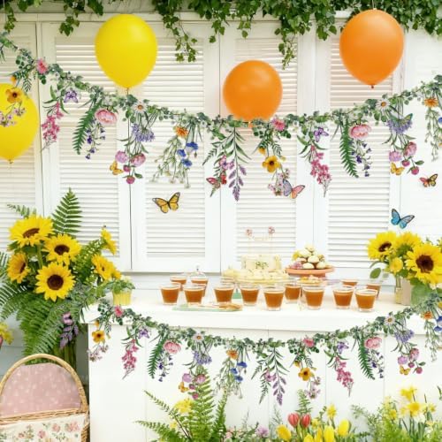 SUNBEAUTY Wildflower Banner 2 Pcs Waterproof Garland 2-Sided Printed Garden Party Flower 2x4.9FT Reusable Pre-stringing Hanging Decor for Garden Tropical Baby Shower Birthday Tea Party Supplies - Image 4