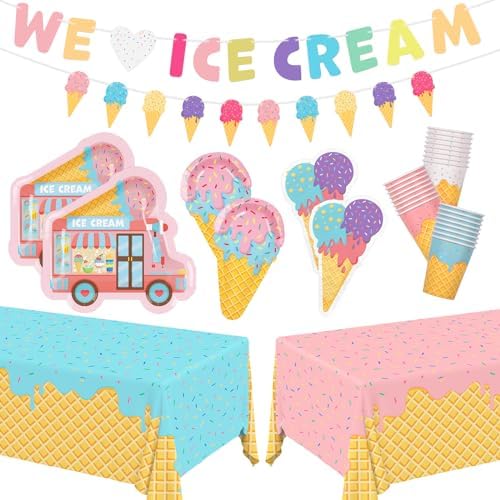 Ice Cream Party Supplies Kit for 24: Ultimate Bundle with Vibrant Paper Plates, Napkins, Cups, Tablecloth & Banner - Ice Cream Birthday Party Decorations by Gatherfun