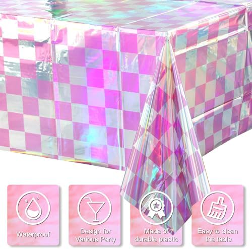 6 Pack Pink and Iridescent Checkered Plastic Tablecloth, Shiny Disposable Laser Rectangle Table Covers, Holographic Foil Tablecloth Iridescent Party Decorations for Picnic Camping Outdoor, 54x108Inch - Image 3
