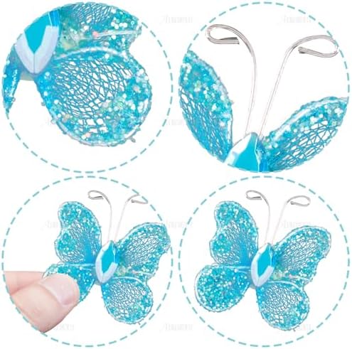 AUEAR, 50 Pack Sheer Mesh Wire Glitter Butterfly Decoration with Gem for Wedding Home Party Wall Decorations (Blue) - Image 6