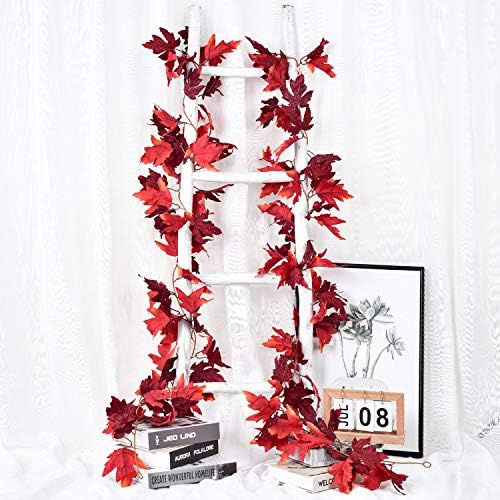 DearHouse 2 Pack Fall Garland Maple Leaf, 5.9Ft/Piece Hanging Vine Garland Artificial Autumn Foliage Garland Thanksgiving Decor for Home Wedding Fireplace Party Christmas (Dark Red) - Image 5