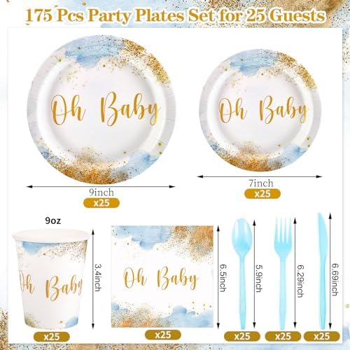 175 Pcs Baby Shower Tableware Set For 25, Dusty Blue Boy Party Supplies - Image 2