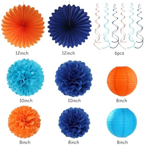 Royal-Light Blue Orange Happy-Birthday Party-Decorations - 31pcs Men Boys Paper Lanterns Streamers Banner,Navy Tissue Flowers Pom Poms Fans Tassels Garland Decor Backdrop Supplies Hugmoon - Image 4