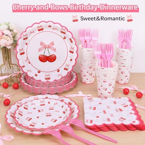 Cherry Birthday Decorations, 182Pcs Cherry Plates Napkins Cups Forks Tablecloth Banner Hanging Swirls Cupcake Toppers and Ballons for Cherries Themed Party Decorations - Image 7