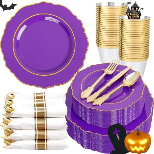 Liacere 350PCS Purple Plastic Plates-Disposable Purple and Gold Plates 50 guest Baroque Plastic Dinnerware include 100Plates,50Pack Pre Rolled Napkins with Silverware 50Cups for Party & Halloween by Liacere
