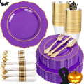 Liacere 350PCS Purple Plastic Plates-Disposable Purple and Gold Plates 50 guest Baroque Plastic Dinnerware include 100Plates,50Pack Pre Rolled Napkins with Silverware 50Cups for Party & Halloween by Liacere