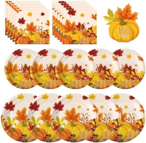 150 Pcs Thanksgiving Plates and Napkins Sets - Fall Pumpkin Maple Leaf Themed Dinnerware, Disposable Thanksgiving Paper Plates and Napkins Set for Give Thanks Party Decorations Supplies, Serve 50 by Litmitfu