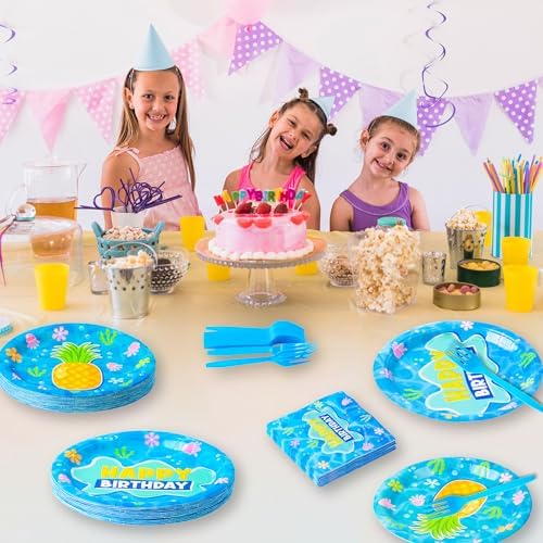 GaofanWai Ocean Pineapple Birthday Tableware - 96PCS Pineapple Party Paper Plate Set for Kid Summer Hawaii Ocean Plates Disposable Dinnerware Paper Napkins Forks for Baby Shower Party Supplies,24guest - Image 5