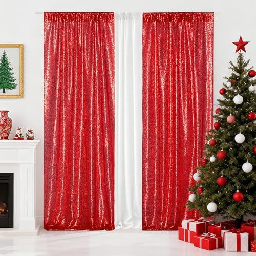 Poise3EHome 2Pcs 2Ft x 8Ft Red Sequin Backdrop Curtains,Glitter Photography Background for Party Birthday Wedding Christmas Decor - Image 3