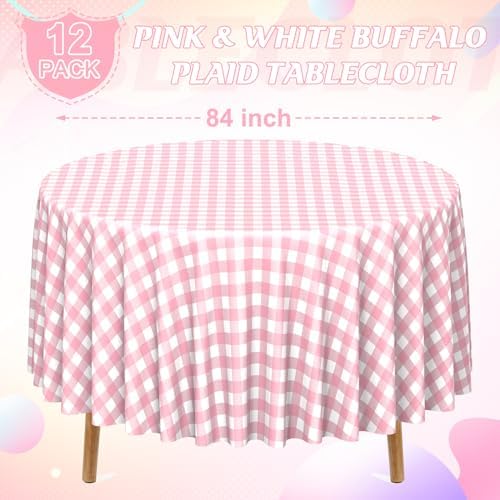 12 Pack Pink Gingham Tablecloth Round, Premium Decorative Disposable Pink and White Checkered Plaid Table Cloths for Parties, Round Party Table Cover for Picnic Farm Birthday Wedding Festivals, 84Inch - Image 2