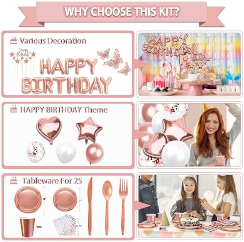 Guudmua 285 Pcs Rose Gold Party Decorations, Birthday Decorations For Women Or Girl - Knives, Forks and Spoons, Tiara, Butterfly, Sash, Paper Pom Poms, Balloon Stand, Tableware For 25 Guests - Image 5