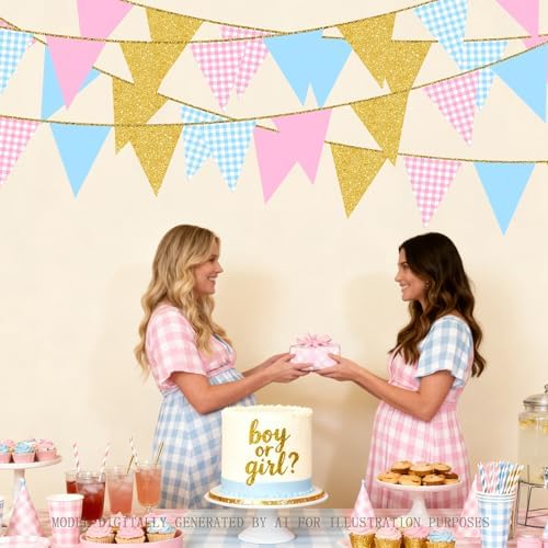Pink and Blue Buffalo Plaid Gold Party Decorations Pennant Banner Flag Hanging Glitter Paper Triangle Bunting for Birthday Wedding Bridal Shower He or She Pink or Blue Party Supplies - Image 6