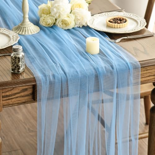 Artoid Mode Dusty Blue Gauze Table Runner 120 Inch 10FT, Seasonal Sheer Kitchen Dining Holiday Wedding Birthday Baby Shower Table Decor for Home Party by ArtoidMode