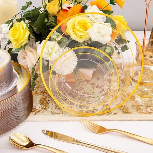 WELLIFE 300Pcs Clear Gold Dinnerware, Clear and Gold Plates Heavy Duty, Including 50 Dinner and 50 Dessert Plates, 50 Cups, 50 Silverware - Image 3