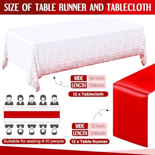 Breling 24 Pack White and Red Disposable Tablecloths and Table Runner Set - Image 2