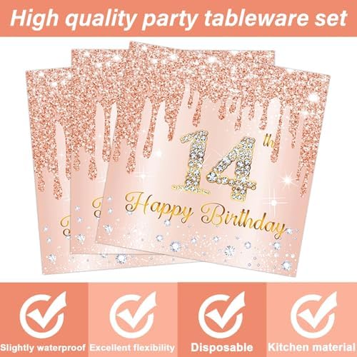 96 Pcs Rose Gold 14th Birthday Party Plates and Napkins for Girls Rose Gold Party Supplies Pink Happy 14 Years Birthday Party Tableware Set for 24 Guests Party Decorations - Image 4