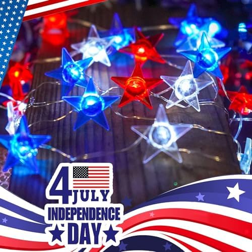 4th of July Decorations, 10ft 30 LED Twinkle Red White and Blue Star String Lights Battery Operated, Patriotic Decorations for Memorial Independence Day Party Golfcart Fourth of July (White Light) - Image 2