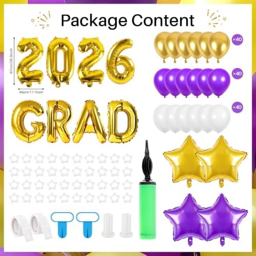 2 Sets Graduation Balloon Column Stand Kits with 132 PCS Purple Golden White Latex Balloons 2026 Letters 6.5 Ft Adjustable Metal Tube Telescopic Tower Pillar with Base for Graduation Party Decoration - Image 3