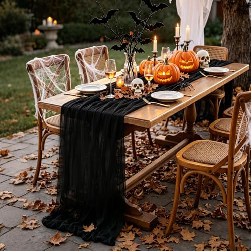 6Pcs Black Table Runner, 10FT Black Cheesecloth Halloween Table Runner 35*120inch Boho Runner for Halloween Indoor Table Kitchen Party Decorations - Image 5