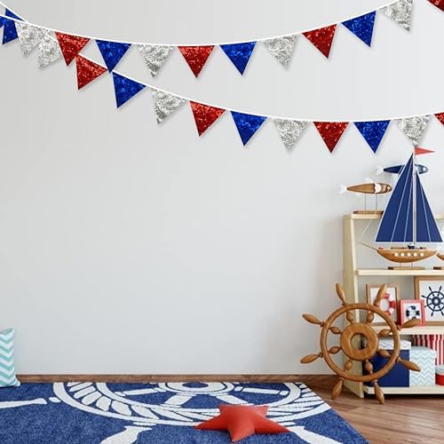 pinkblume Red Blue Silver Decorations Double Sided Sequin Fabric Triangle Pennant Banner Flag Bunting Garland for Nursery Classroom Home Bedroom Wall 4th of July American Veterans USA Holiday Decor - Image 3