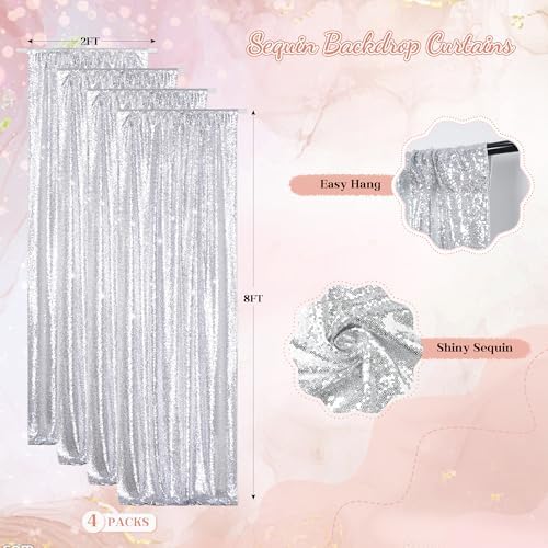 PartyDelight Silver Sequin Backdrop Curtains 2x8ft 4 Panels - Image 2