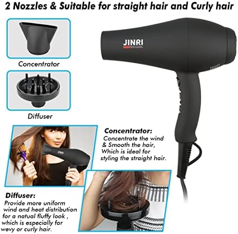 JINRI Hair Dryer, 1875W, 3 Heat & 2 Speed, with Diffuser, with Concentrator, Ionic Technology & Infrared - Black, Detachable Air Intake, Hanging Strap, Non-Foldable, 125V, JINRI-104 - Image 3