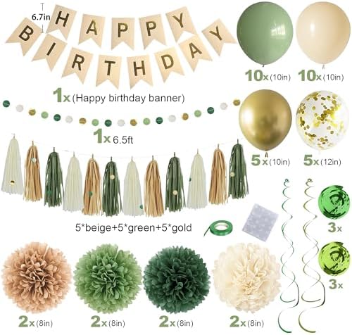 Green Birthday Party Decorations for Women Girls with Happy Birthday Banner,Tissue Paper Pompoms, Paper Tassel,Circle Garland,Hanging Swirl,Decorations Balloons for Party Decor (sage green) - Image 2